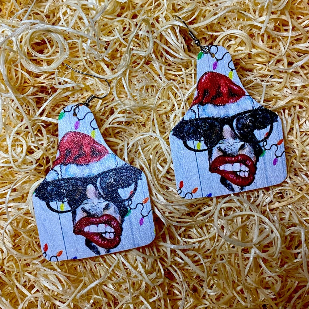 Cow tag Christmas cow earrings